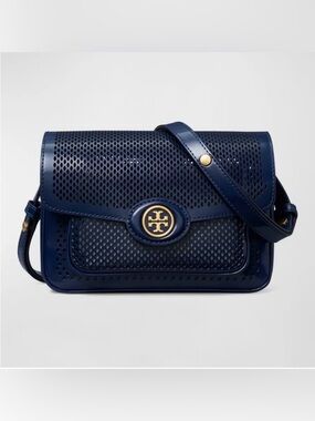 Tory Burch Robinson Perforated Convertible Navy Blue Shoulder Bag